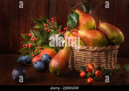 Birnen im Korb und Zweige aus wilder Rose und Viburnum auf dunklem Holzgrund im rustikalen Stil Stockfoto