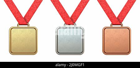 Quadratische Medaillensammlung aus Gold, Silber und Bronze 3D Stockfoto