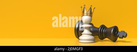 Weißer Bauer mit goldener Krone und schwarz gefallener Schachkönig 3D Stockfoto