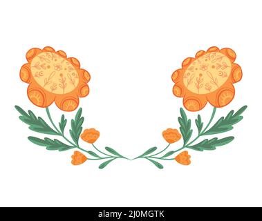 Vektor Cliparts Rahmen mit gelben Blumen auf Stielen mit Folk-Ornamenten isoliert vom Hintergrund. Vorlage mit Blumenarrangement mit naiven Ornamenten. Stock Vektor