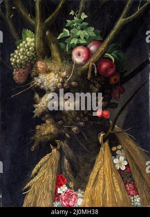 Giuseppe Arcimboldo (1527–1593) „Giuseppe Arcimboldo, Four Seasons in One Head, c. 1590, Öl auf Platte, gesamt: 60,4 x 44,7 cm (23 3/4 x 17 5/8 Zoll) Stockfoto