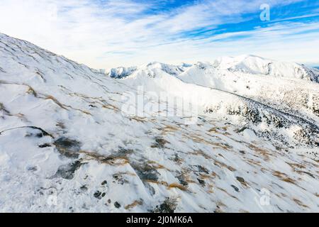 Tatra-Berge im Winter. Blick auf die weißen schneebedeckten Gipfel, frostige Winterberge. Kasprowy Wierch, Hohe Tatra, Polen, Europa. Stockfoto