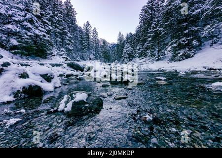 Tatra-Berge im Winter. Blick auf die weißen schneebedeckten Gipfel, frostige Winterberge. Kasprowy Wierch, Hohe Tatra, Polen, Europa. Stockfoto