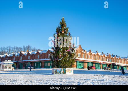 KASHIN, RUSSLAND - 07. JANUAR 2022: Weihnachtsbaum in den alten Einkaufszentren an einem sonnigen Januartag. Kashin, Region Twer, Russland Stockfoto