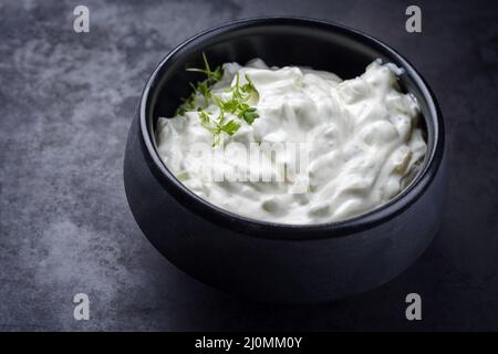 Traditioneller griechischer Tzatziki-Fettjoghurt, serviert mit Kresse als Draufsicht in einer modernen Design-Schüssel mit Platz zum Kopieren Stockfoto