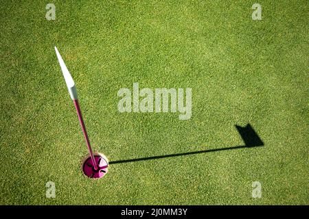 Loch mit kleiner Flagge am Minigolfplatz markiert Stockfoto