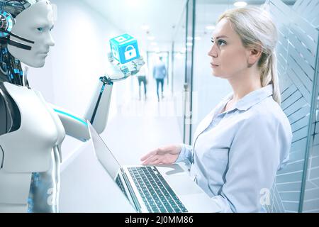 Businesswoman Humanoid Robot Security Stockfoto