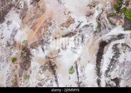 Luftaufnahme Foto von trockenem Land Landschaft Natur Textur Top down High angle view.Land mit trockenen und rissigen Boden, für Ökologie Konzept Design Hintergrund Stockfoto