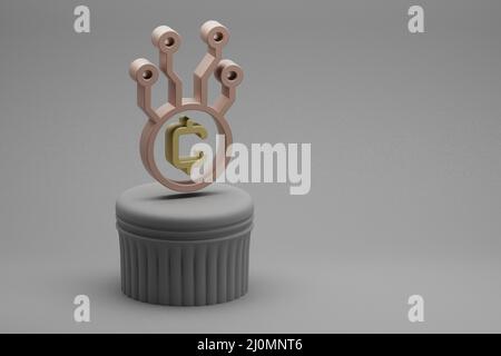 Schöne abstrakte Illustrationen Blockchain Token Symbol Symbole auf einem Säulenständer und wunderbaren Hintergrund. 3D Rendering-Illustration. Hintergrundfarbe Stockfoto