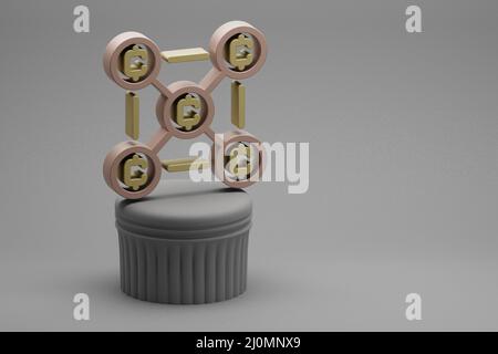 Schöne abstrakte Illustrationen Blockchain Coins Symbol-Icons auf einem Säulenständer und wunderbarem Hintergrund. 3D Rendering-Illustration. hintergrundmuster Stockfoto