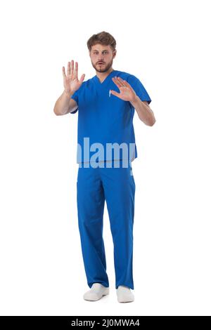 Krankenschwester mit isoliertem Stopphandschild auf weißem Hintergrund Stockfoto