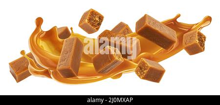 Karamellbonbons mit Karamellsauce platschen isoliert auf weißem Hintergrund Stockfoto