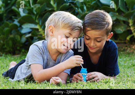 Bleiben Sie wild, Sie werden älter, bitte nicht erwachsen. Aufnahme von zwei entzückenden Jungen, die mit Blasen auf dem Gras im Hinterhof spielen. Stockfoto