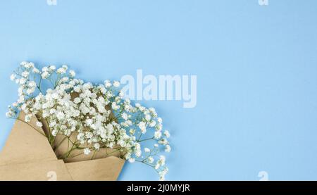 Braun umhüllen mit kleinen weißen Gypsophila Blumen angeordnet Ecke blauen Hintergrund Stockfoto