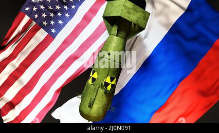 USA und Russland Atomkrieg, Konflikt und Krise. Nationale Flaggen und eine Atombombe mit radioaktivem Logo, um eine nukleare Bedrohung und mögliche esca zu symbolisieren Stockfoto