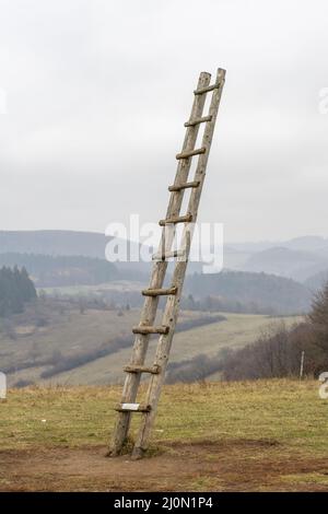 Alte Holzleiter auf der Wiese, die hoch oben in den Himmel führt. Leiter zum Himmel. Symbol der Karriere. Stockfoto