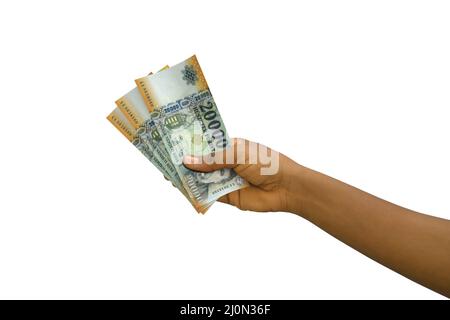 Fair Hand Holding 3D gerenderte 20000 ungarische Forint-Noten isoliert auf weißem Hintergrund Stockfoto