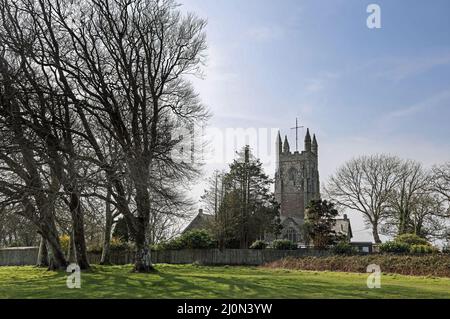 Maker Church, Rame im Südosten von Cornwall. Kirche St. Mary und St. Julian vom Deer Park aus gesehen, Mount Edgcumbe. Stockfoto