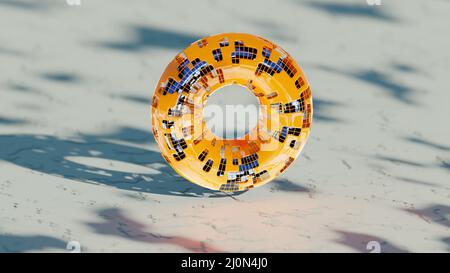Multimaterial Donut, Metall, Mesh, Kunststoff, fotorealistisch, Weicher Fokus, Illustration Abstract 3D Render Stockfoto