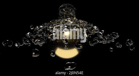 Große Wassertropfen fliegen auf einer goldenen Kugel. 3D Rendern Stockfoto