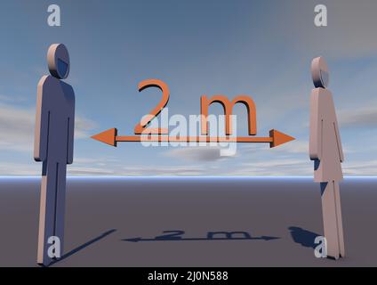 Die Entfernung beträgt zwei Meter. Sicherer Abstand zwischen Menschen mit Virusinfektion. 3D-Rendering Stockfoto