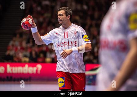 Herning, Dänemark. 19. März 2022. Rasmus Lauge (11) aus Dänemark beim Norlys Golden League 2022-Spiel zwischen Dänemark und Spanien bei Jyske Bank Boxen in Herning. (Foto: Gonzales Photo/Alamy Live News Stockfoto