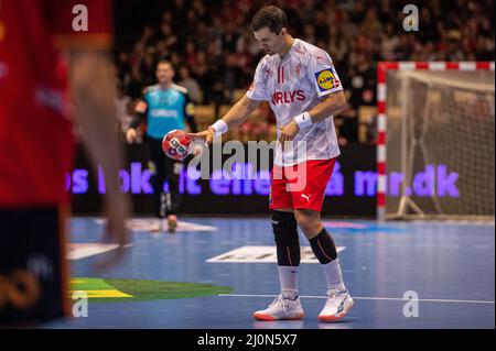 Herning, Dänemark. 19. März 2022. Rasmus Lauge (11) aus Dänemark beim Norlys Golden League 2022-Spiel zwischen Dänemark und Spanien bei Jyske Bank Boxen in Herning. (Foto: Gonzales Photo/Alamy Live News Stockfoto