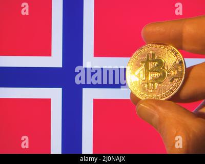 Mit einem physischen goldenen Bitcoin über der norwegischen Flagge. Norwegen als Investor in Kryptowährung und Blockchain-Technologie. Finanzieller Hintergrund mit Kopie Stockfoto