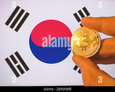 Mit einem physischen goldenen Bitcoin über der koreanischen Flagge. Korea als Investor für Kryptowährung und Blockchain-Technologie. Finanzieller Hintergrund Stockfoto