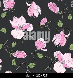 Spring Garden Magnolien blühen. Nahtloses Blumenmuster mit rosa Magnolie im Dunkeln für Designs, Kleidung, Bettwäsche, Handyhüllen, Geschenkpapier, Stock Vektor
