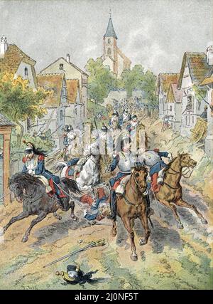 Guerre de 1870 : Charge de cuirassiers lors de la Bataille de Froeschwiller-Woerth ou Reichshoffen le 6 aout 1870 ( Französisch-Preußischer Krieg : preußische Artillerie, die in der Schlacht von Worthor vorrückt Schlacht von Reichshoffen oder als Schlacht von Froeschwiller 1870) Gravure tiree de 'La France a travers les siecles' de Witt 1897 Collection privee Stockfoto