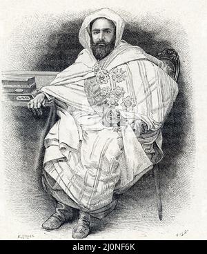 Portrait d'Abdelkader ibn Muhieddine ou emir Abdelkader (abd-el-kader ou abd el kader), ou Abdelkader El Djezairi (1808-1883) (Emir Abdelkader, ein algerischer religiöser und militärischer Führer, der Anfang des 19.. Jahrhunderts einen Kampf gegen die französische Kolonialinvasion in Algier führte) Gravure tiree de 'La France A travers les siecles' de Witt 1897 Collection privee Stockfoto