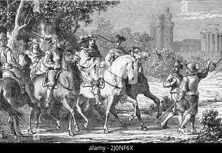 Fronde : 18. Januar 1650 : Arrestation par le Cardinal Mazarin et Anne d'Autriche de Louis II de Bourbon-Conde Prince de Conde dit le duc d'Enghien (1621-1686), du Armand de Bourbon Prince de Conti, et d 'Henri II d'Orleans duc de Longueville qui sont conduits a Vincennes) (Louis de Bourbon, Prinz von Conde oder großer Conde zusammen mit Conti und Longueville verhaftet; in Vincennes inhaftiert, januar 1650) Gravure tiree de 'La France a travers les siecles' de Witt 1897 Collection privee Stockfoto