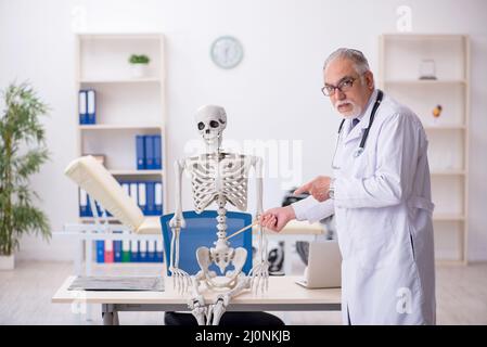 Alter männlicher Arzt demonstriert menschliches Skelett Stockfoto