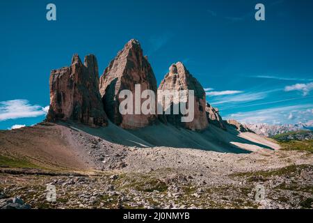 Blick auf die Nordwände der drei Zinnen Stockfoto