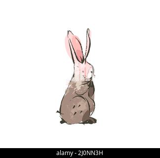 Handgezeichneter Vektor abstrakte Tinte Skizze Grafik Zeichnung skandinavische Happy Easter einfache Bunny Illustrationen mit freihändigen Collage Texturen in Pastell Stock Vektor