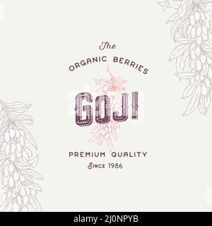 Etikett mit Goji-Beeren. Design-Layout Für Abstrakte Vektorverpackungen. Modernes Typografie-Banner mit handgezeichneten Beeren Silhouette Logo und Hintergrund. Isoliert Stock Vektor