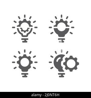 Vektor-Icon-Set für Getriebe und Glühbirne in Schwarz. Zahnrad, Glühbirne, Ideen- und solutuon gefüllte Ikonen. Stock Vektor