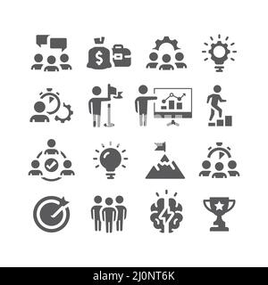 Teamwork, Human Resources Black Icon Set. Vektorsymbole für Unternehmensleitung, Mitarbeiterleistung gefüllt. Stock Vektor