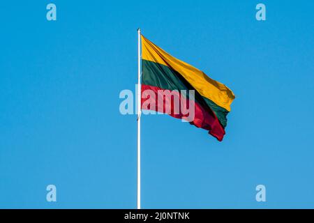 Große Flagge LITAUENS winkt im Wind auf dem klaren Himmelshintergrund Stockfoto