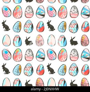 Handgezeichneter Vektor abstrakt Skizze Grafik skandinavischen Freihand strukturiert modern, Collage Happy Easter niedlich einfache Häschen Illustrationen nahtlose Muster Stock Vektor
