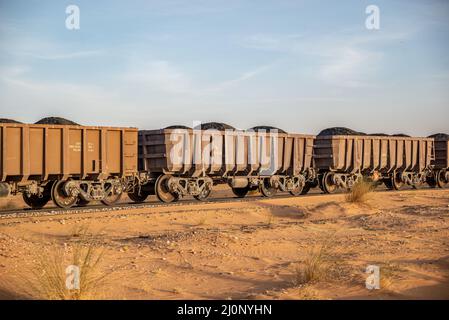 Güterwagen des längsten Zuges der Welt, Region Tiris Zemmour, Mauretanien Stockfoto