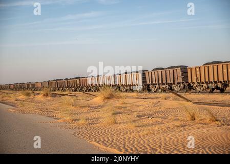 Güterwagen des längsten Zuges der Welt, Region Tiris Zemmour, Mauretanien Stockfoto