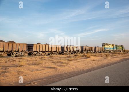 Güterwagen des längsten Zuges der Welt, Region Tiris Zemmour, Mauretanien Stockfoto