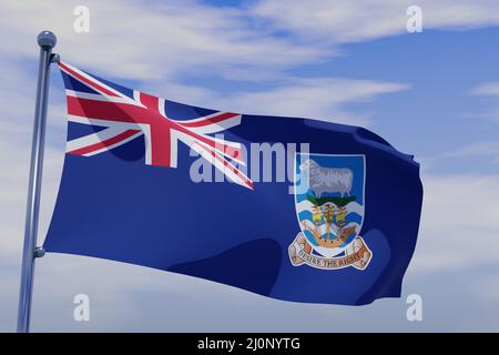 3D Darstellung der wehenden Flagge der Falklandinseln mit einem im Wind winkenden Mast am Himmel Stockfoto