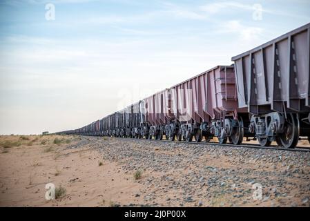 Güterwagen des längsten Zuges der Welt, Region Tiris Zemmour, Mauretanien Stockfoto