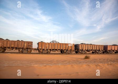 Güterwagen des längsten Zuges der Welt, Region Tiris Zemmour, Mauretanien Stockfoto