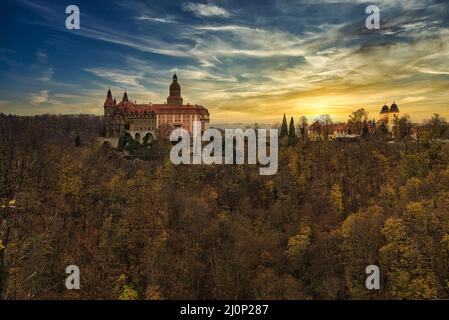 Panoramablick auf das Schloss KsiÄ…Å¼, Polen Stockfoto