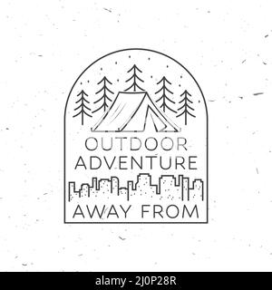 Weit weg von der Stadt. Outdoor-Abenteuer. Vektor. Konzept für Hemd oder Logo, Print, Stempel oder T-Shirt. Vintage Linie Art Design Wohnmobil Zelt im Wald und Stock Vektor