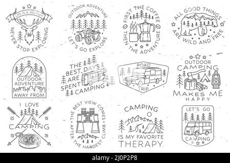 Set von Camping-Abzeichen, Patches. Vektorgrafik. Konzept für Hemd oder Logo, Print, Stempel oder T-Shirt. Vintage Line Art Design mit Wohnmobil Stock Vektor
